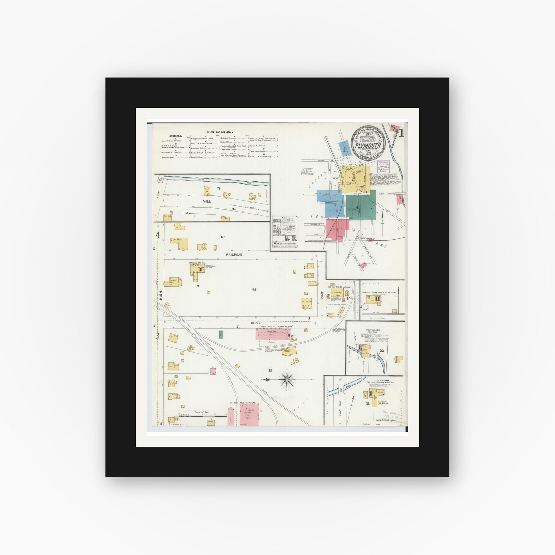 Old map wall art mockup — black gallery frame with white mat — Sanborn Fire Insurance Map from Plymouth, Huron And Richland Counties, Ohio (1904) - Complete Map Set