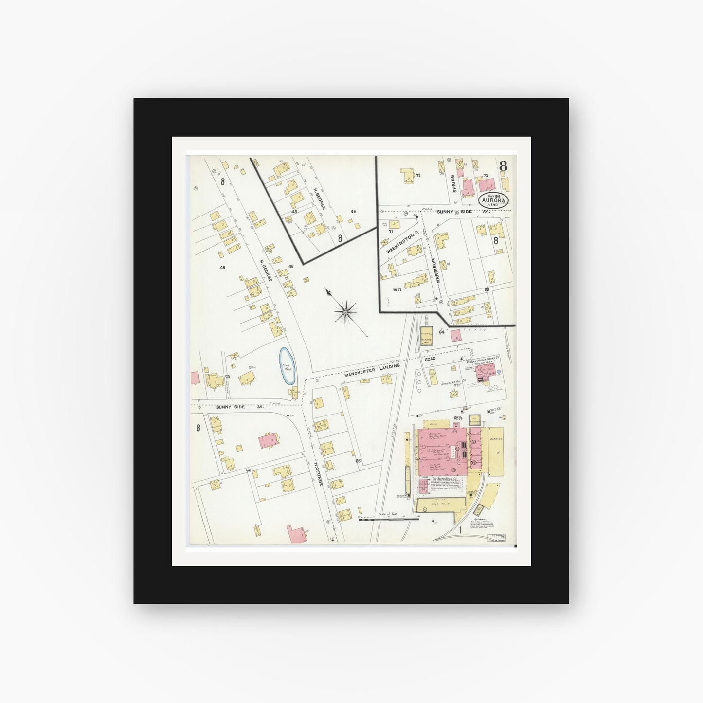 Old map wall art mockup — black gallery frame with white mat — Sanborn Fire Insurance Map from Aurora, Dearborn County, Indiana (1906), Sheet #0008