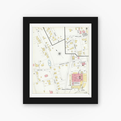 Old map wall art mockup — black gallery frame with white mat — Sanborn Fire Insurance Map from Aurora, Dearborn County, Indiana (1906), Sheet #0008