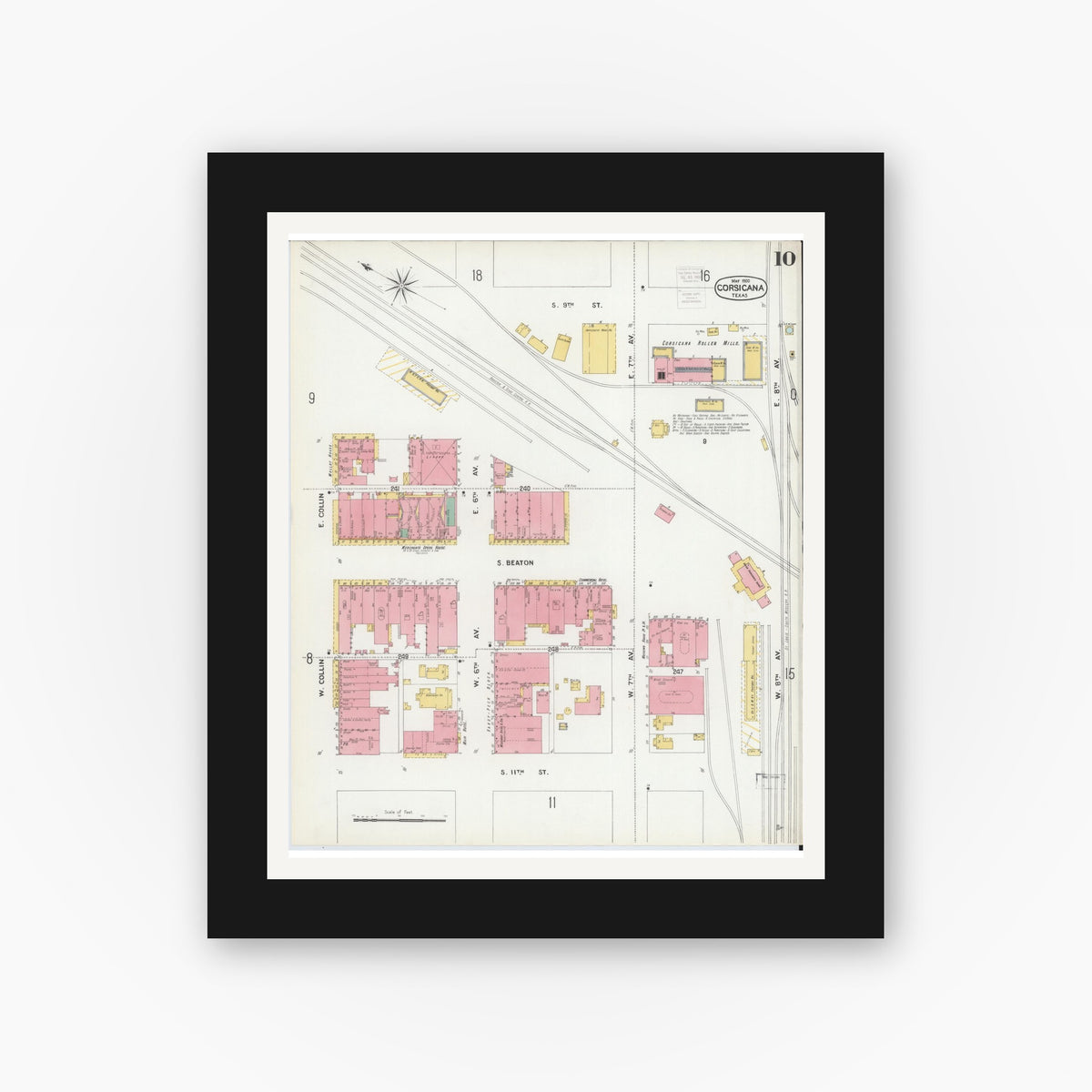 Old map wall art mockup — black gallery frame with white mat — Sanborn Fire Insurance Map from Corsicana, Navarro County, Texas (1900), Sheet #0010