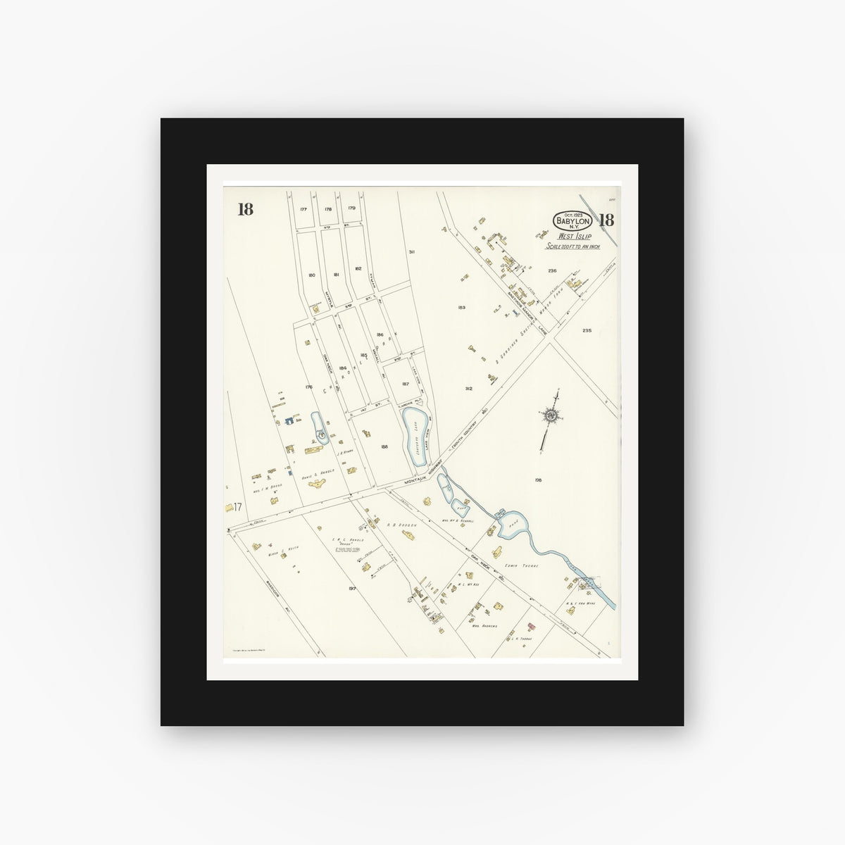 Old map wall art mockup — black gallery frame with white mat — Sanborn Fire Insurance Map from Babylon, Suffolk County, New York (1923), Sheet #0018