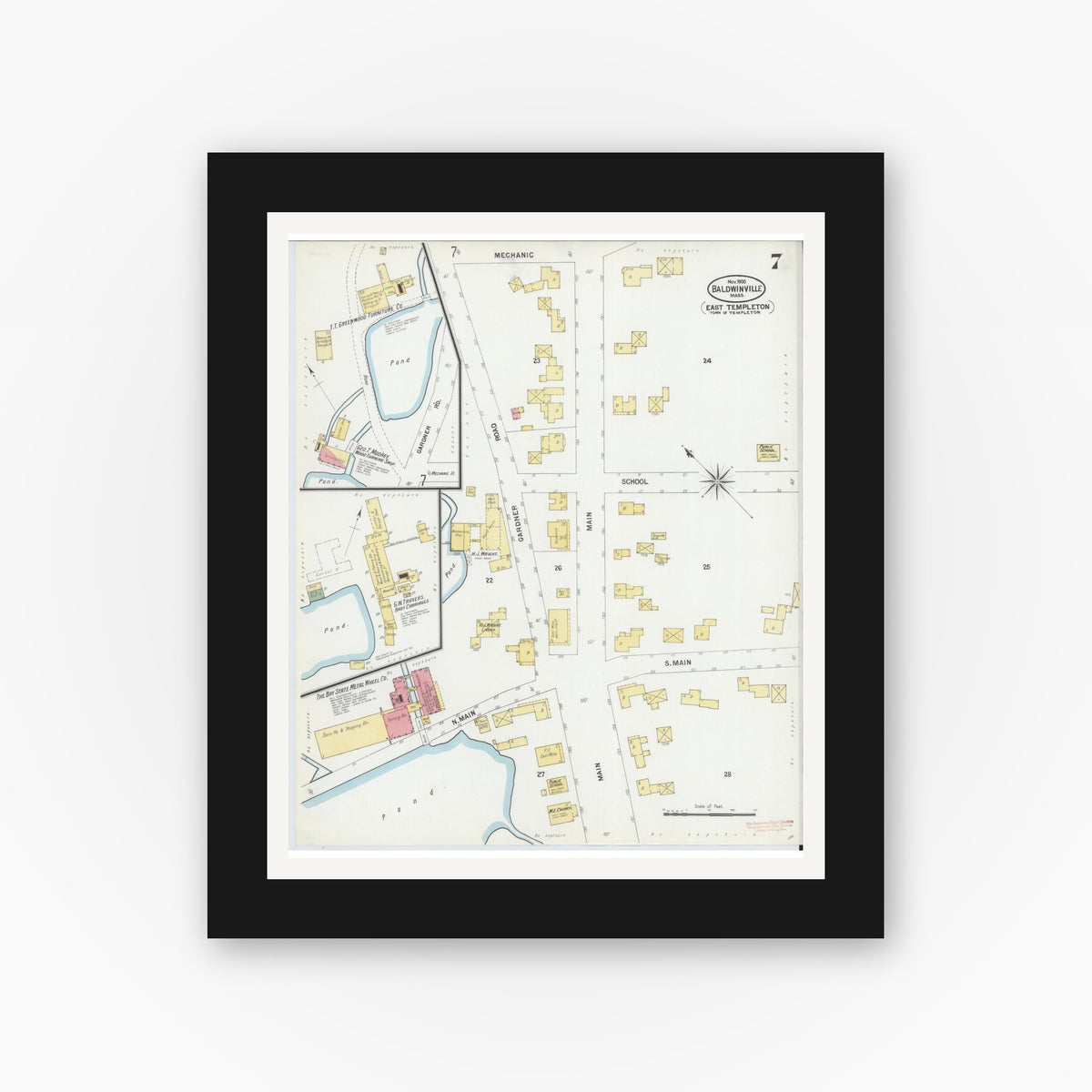 Old map wall art mockup — black gallery frame with white mat — Sanborn Fire Insurance Map from Baldwinville, Worcester County, Massachusetts (1900), Sheet #0007