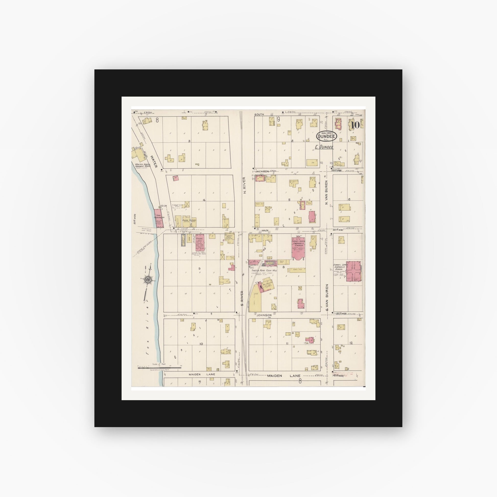 Old map wall art mockup — black gallery frame with white mat — Sanborn Fire Insurance Map from Dundee, Kane County, Illinois (1922), Sheet #0010