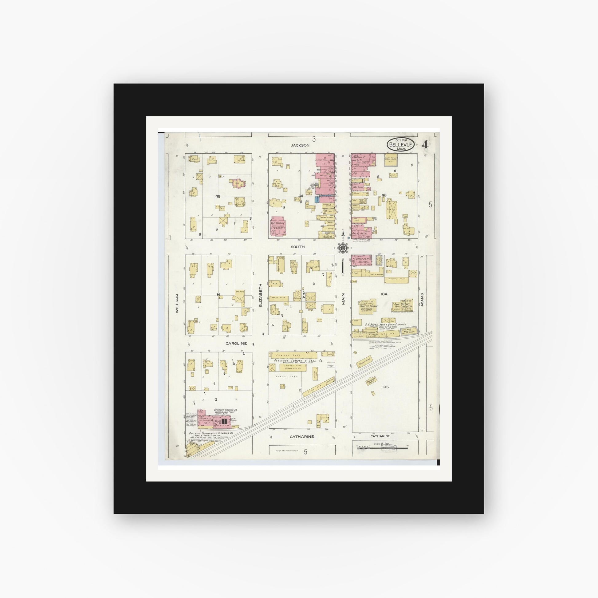 Old map wall art mockup — black gallery frame with white mat — Sanborn Fire Insurance Map from Bellevue, Eaton County, Michigan (1916), Sheet #0004
