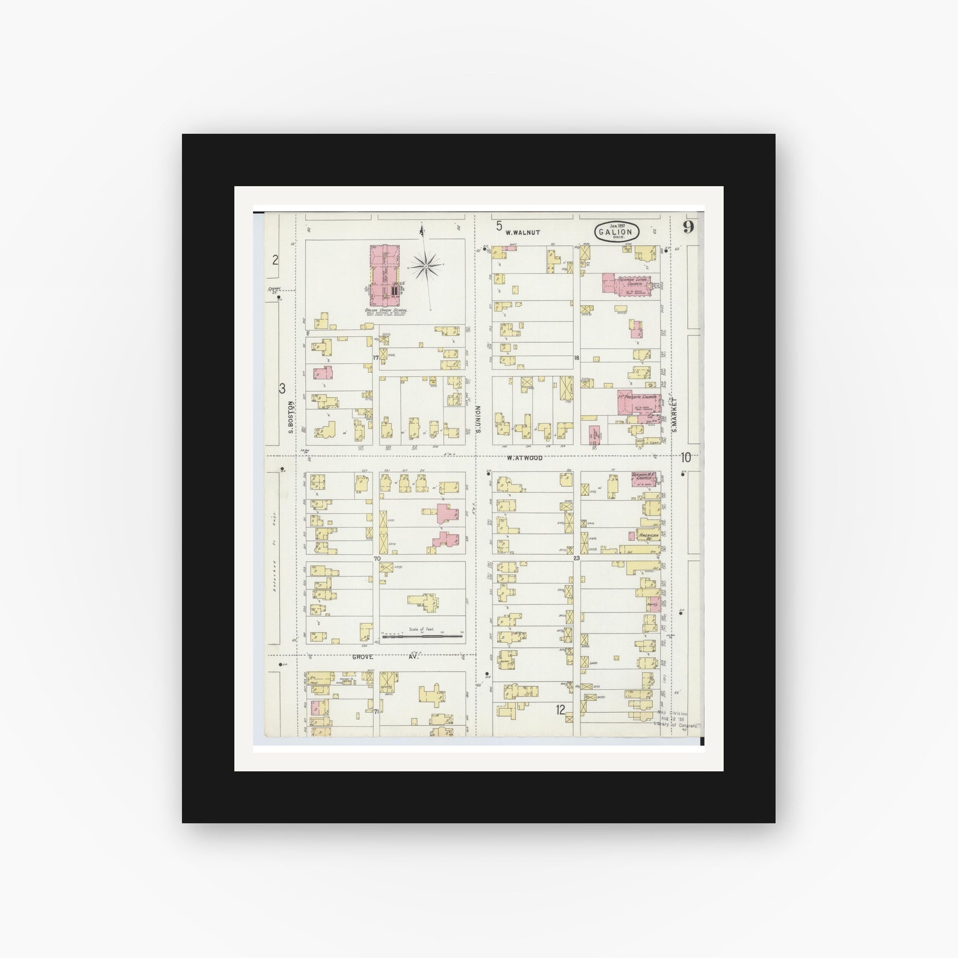 Old map wall art mockup — black gallery frame with white mat — Sanborn Fire Insurance Map from Galion, Crawford County, Ohio (1897), Sheet #0009