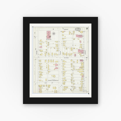 Old map wall art mockup — black gallery frame with white mat — Sanborn Fire Insurance Map from Galion, Crawford County, Ohio (1897), Sheet #0009