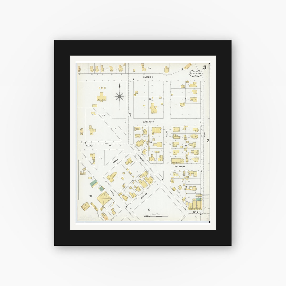 Old map wall art mockup — black gallery frame with white mat — Sanborn Fire Insurance Map from Beaumont, Jefferson County, Texas (1899), Sheet #0003