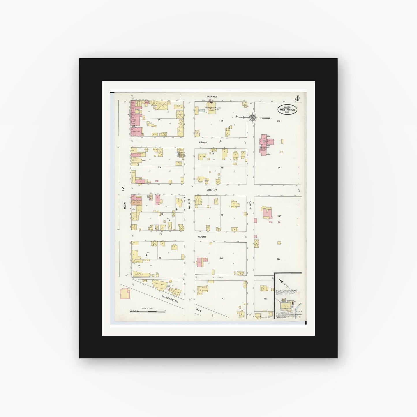 Old map wall art mockup — black gallery frame with white mat — Sanborn Fire Insurance Map from West Union, Adams County, Ohio (1912), Sheet #0004