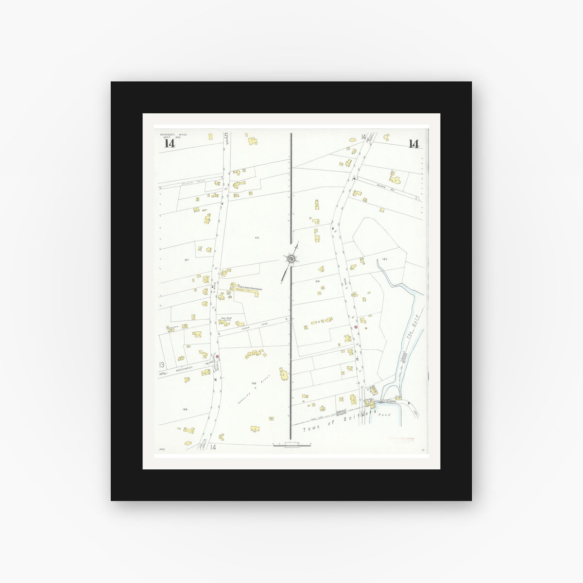 Old map wall art mockup — black gallery frame with white mat — Sanborn Fire Insurance Map from Cohasset, Norfolk County, Massachusetts (1935), Sheet #0014