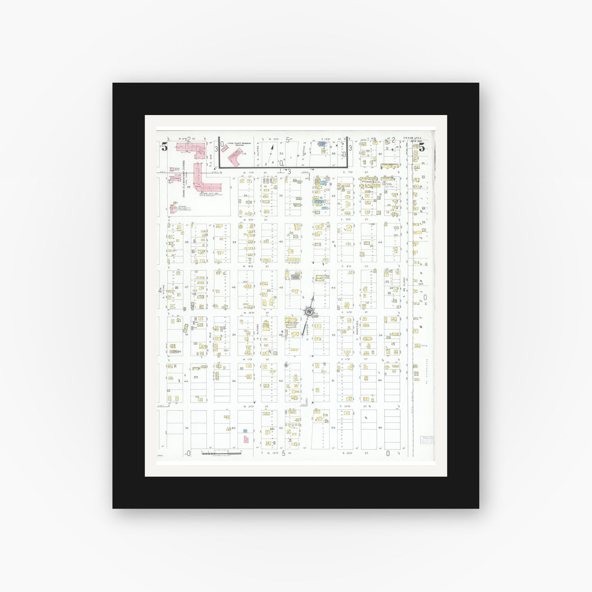 Old map wall art mockup — black gallery frame with white mat — Sanborn Fire Insurance Map from Crane, Crane County, Texas (1951), Sheet #0005