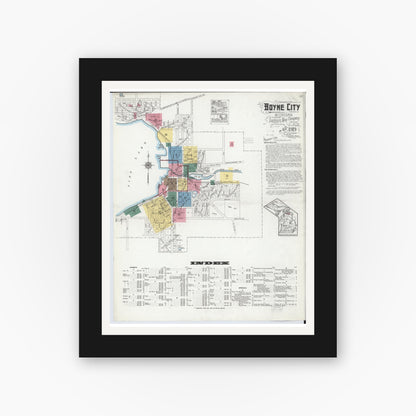 Old map wall art mockup — black gallery frame with white mat — Sanborn Fire Insurance Map from Boyne City, Charlevoix County, Michigan (1919), Sheet #0001