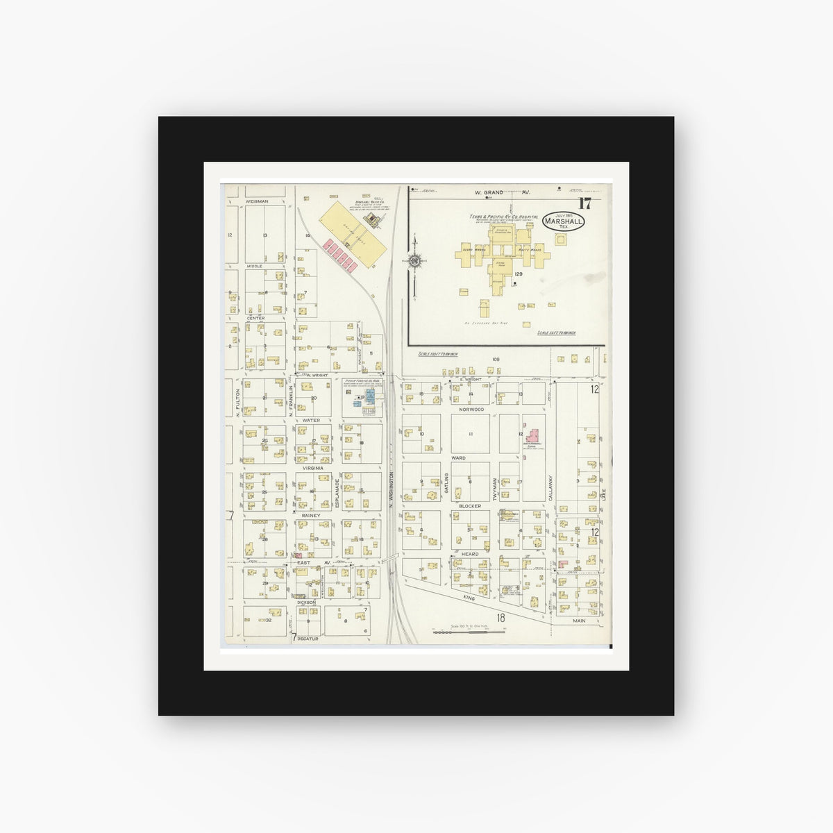 Old map wall art mockup — black gallery frame with white mat — Sanborn Fire Insurance Map from Marshall, Harrison County, Texas (1915), Sheet #0017