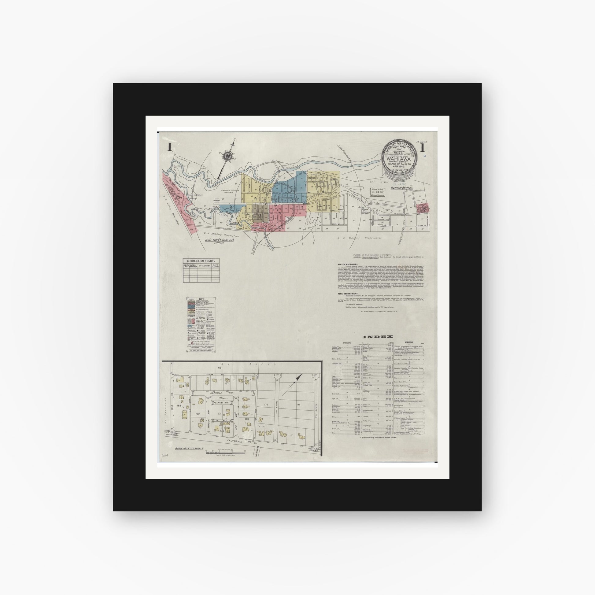 Old map wall art mockup — black gallery frame with white mat — Sanborn Fire Insurance Map from Wahiawa, Honolulu County, Hawaii (1942) - Complete Map Set