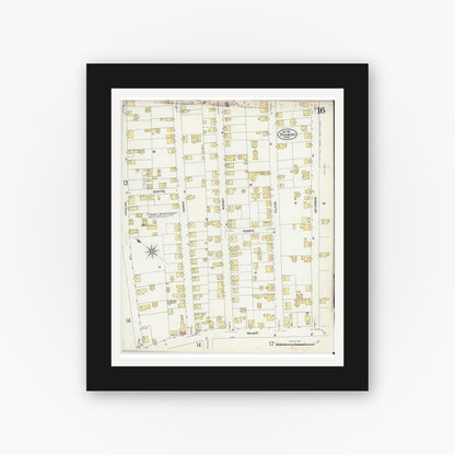 Old map wall art mockup — black gallery frame with white mat — Sanborn Fire Insurance Map from Peabody, Essex County, Massachusetts (1907), Sheet #0016