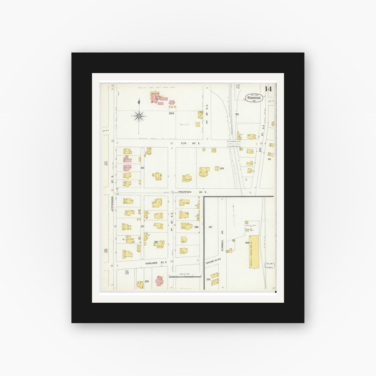 Old map wall art mockup — black gallery frame with white mat — Sanborn Fire Insurance Map from Roanoke, Independent Cities, Virginia (1903), Sheet #0014