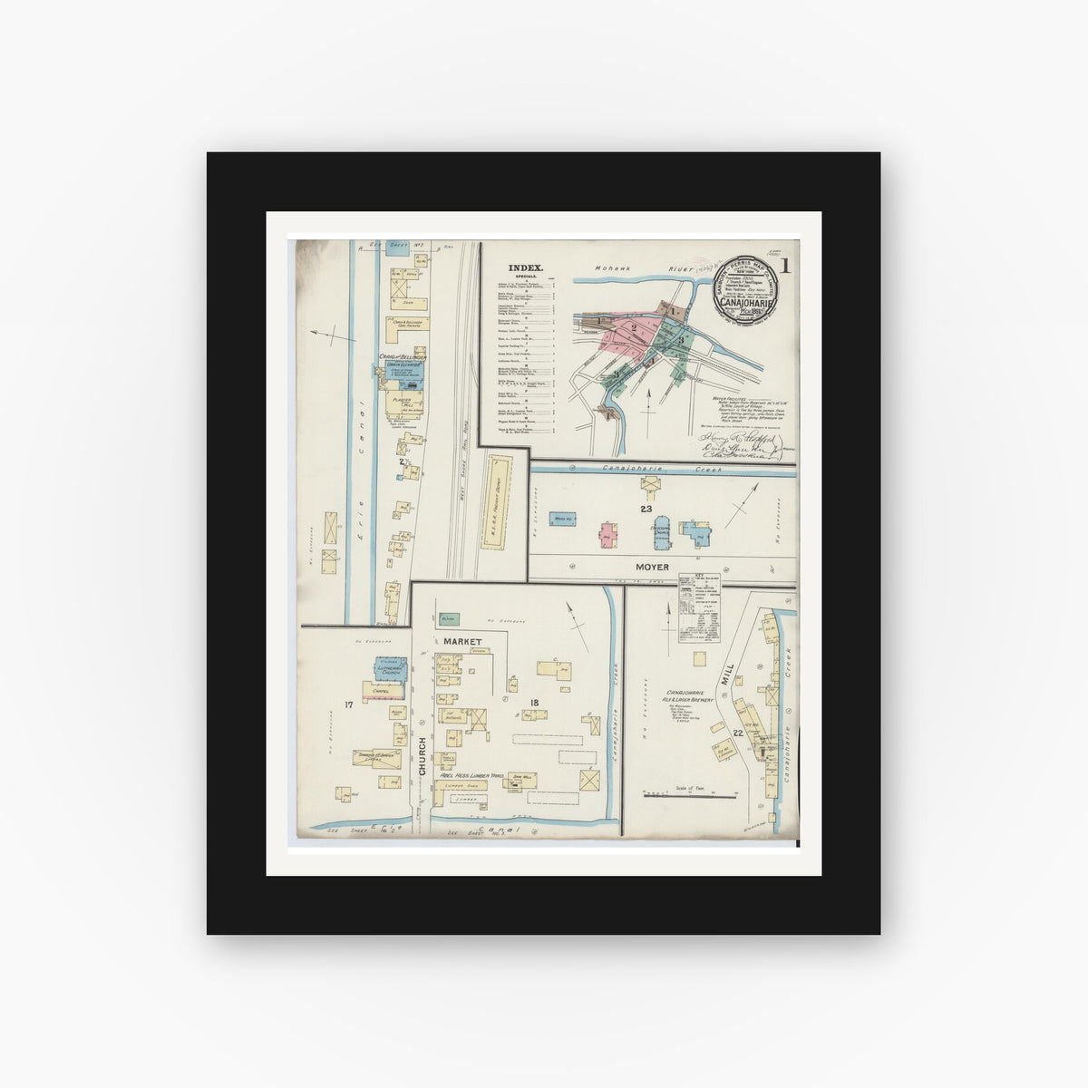 Old map wall art mockup — black gallery frame with white mat — Sanborn Fire Insurance Map from Canajoharie, Montgomery County, New York (1891) - Complete Map Set