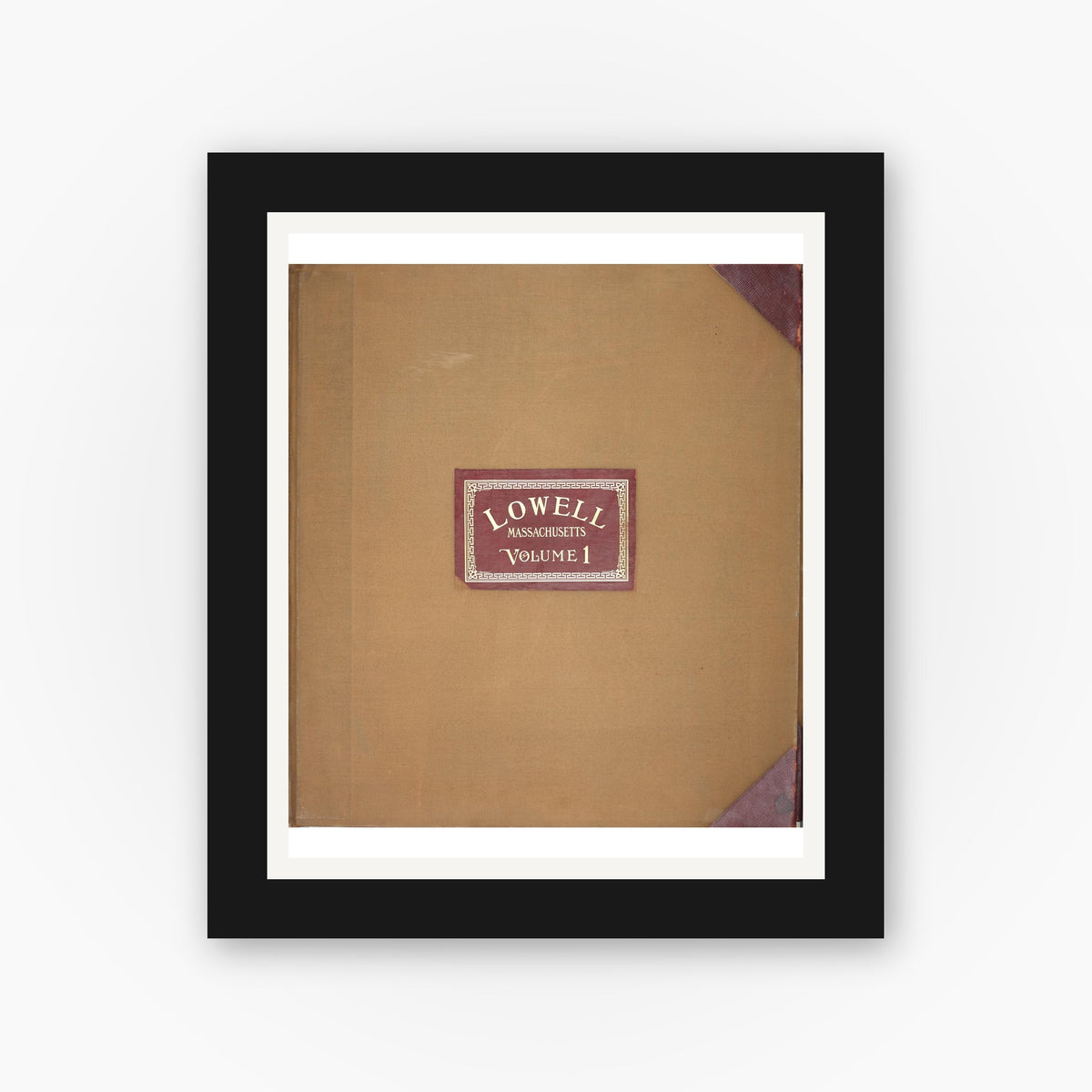 Old map wall art mockup — black gallery frame with white mat — Sanborn Fire Insurance Map from Lowell, Middlesex County, Massachusetts (1950), Sheet #0001