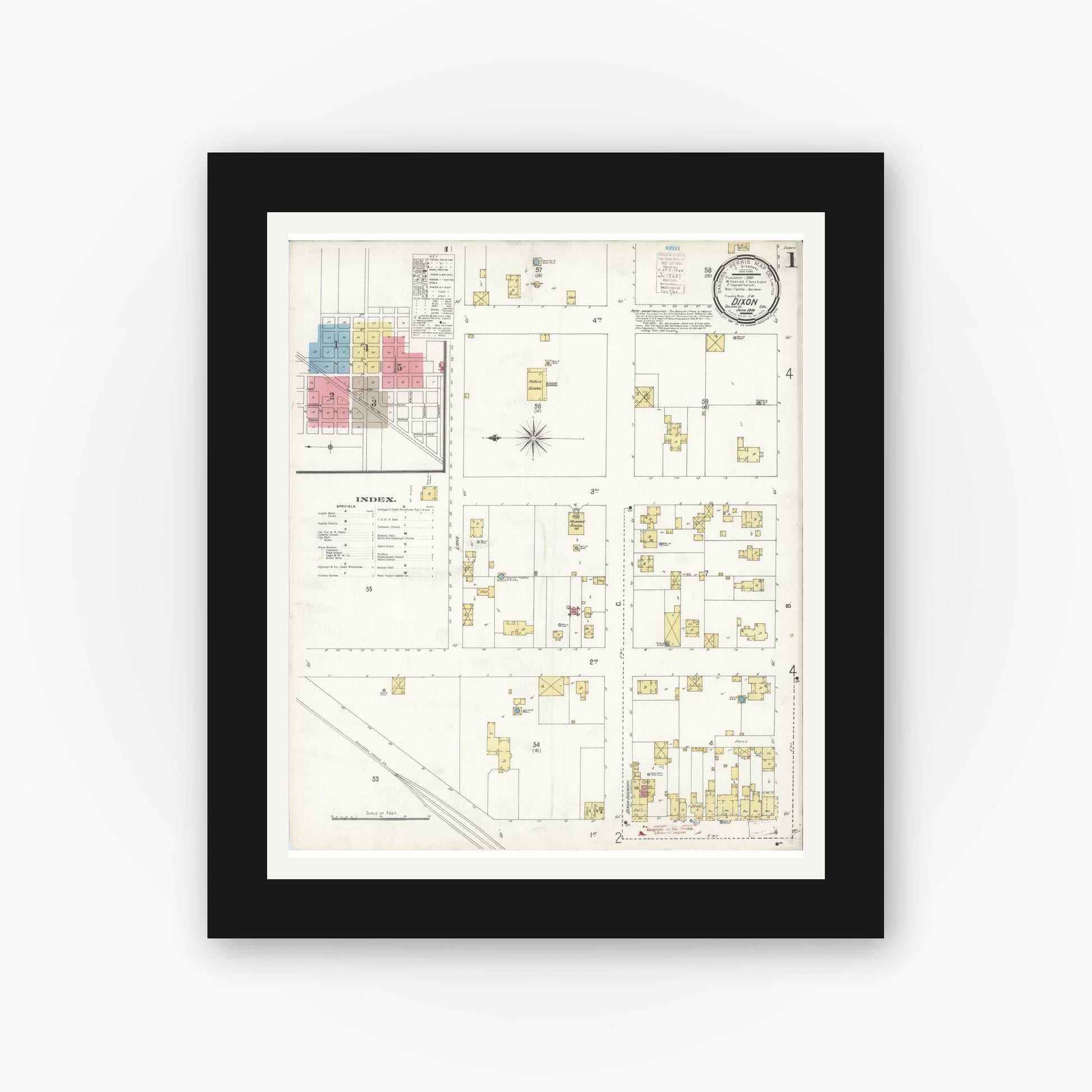 Old map wall art mockup — black gallery frame with white mat — Sanborn Fire Insurance Map from Dixon, Solano County, California (1900) - Complete Map Set