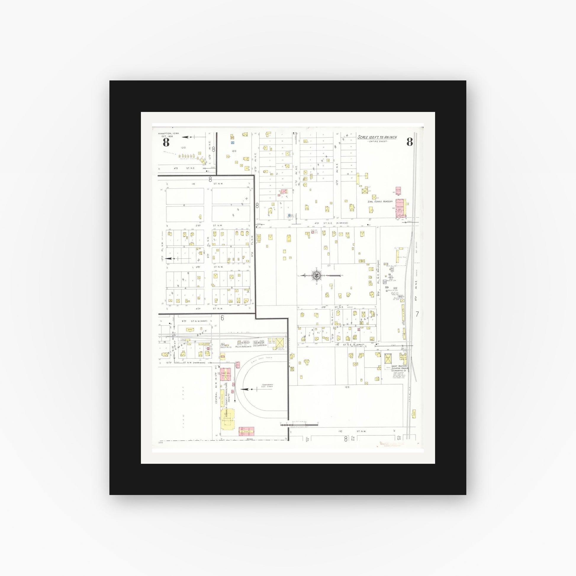 Old map wall art mockup — black gallery frame with white mat — Sanborn Fire Insurance Map from Hampton, Franklin County, Iowa (1938), Sheet #0008