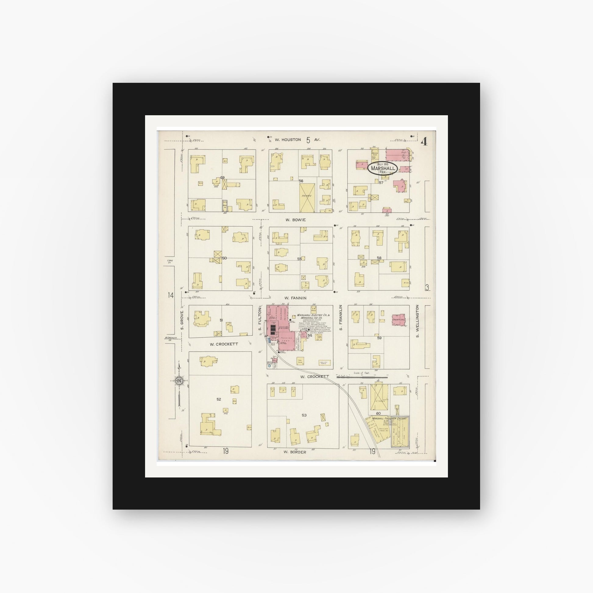 Old map wall art mockup — black gallery frame with white mat — Sanborn Fire Insurance Map from Marshall, Harrison County, Texas (1915), Sheet #0004