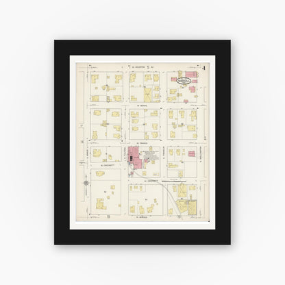 Old map wall art mockup — black gallery frame with white mat — Sanborn Fire Insurance Map from Marshall, Harrison County, Texas (1915), Sheet #0004