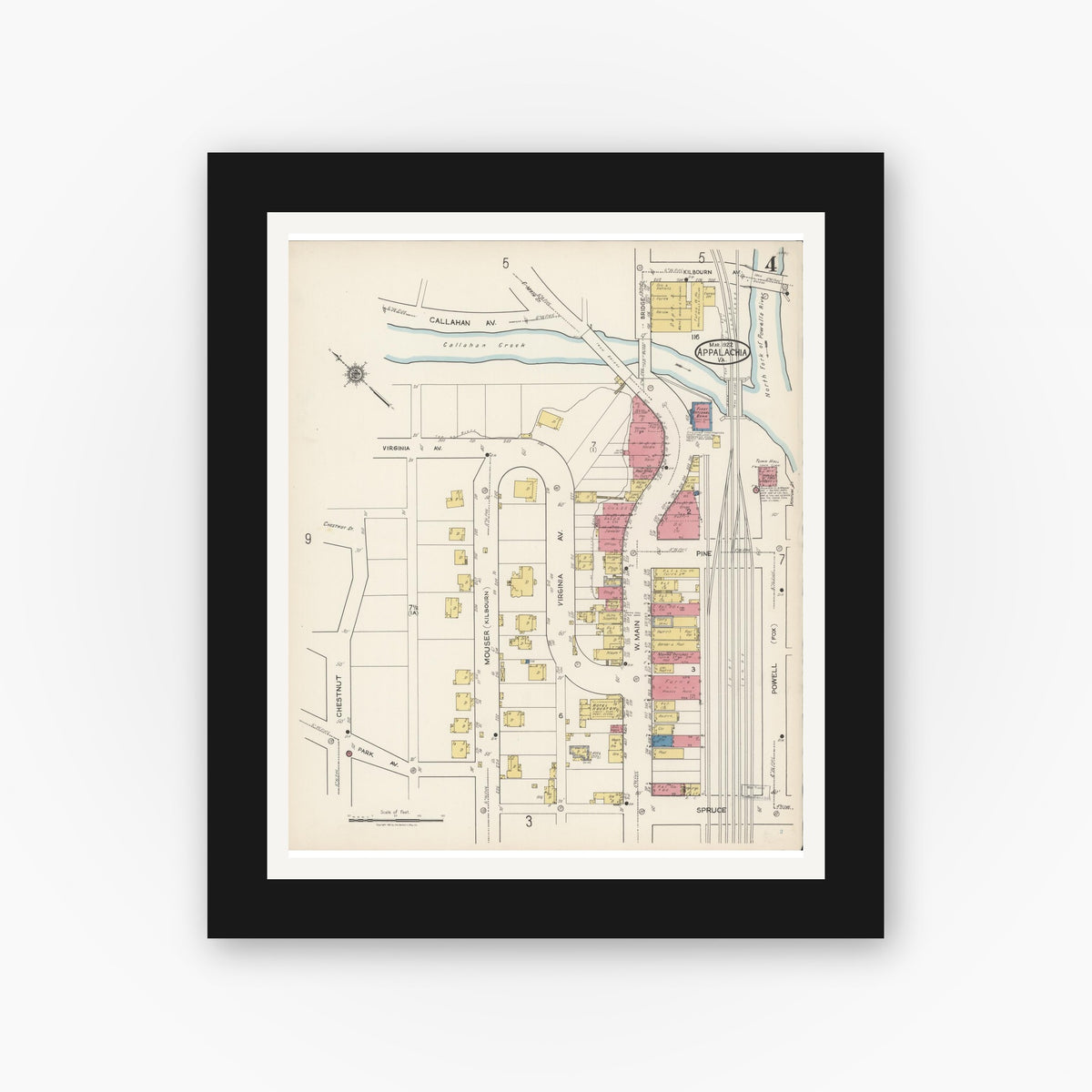 Old map wall art mockup — black gallery frame with white mat — Sanborn Fire Insurance Map from Appalachia, Wise County, Virginia (1922), Sheet #0004