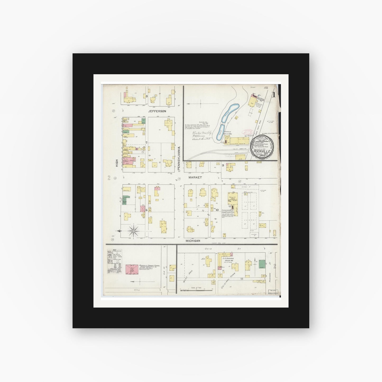 Old map wall art mockup — black gallery frame with white mat — Sanborn Fire Insurance Map from Rockville, Parke County, Indiana (1892) - Complete Map Set