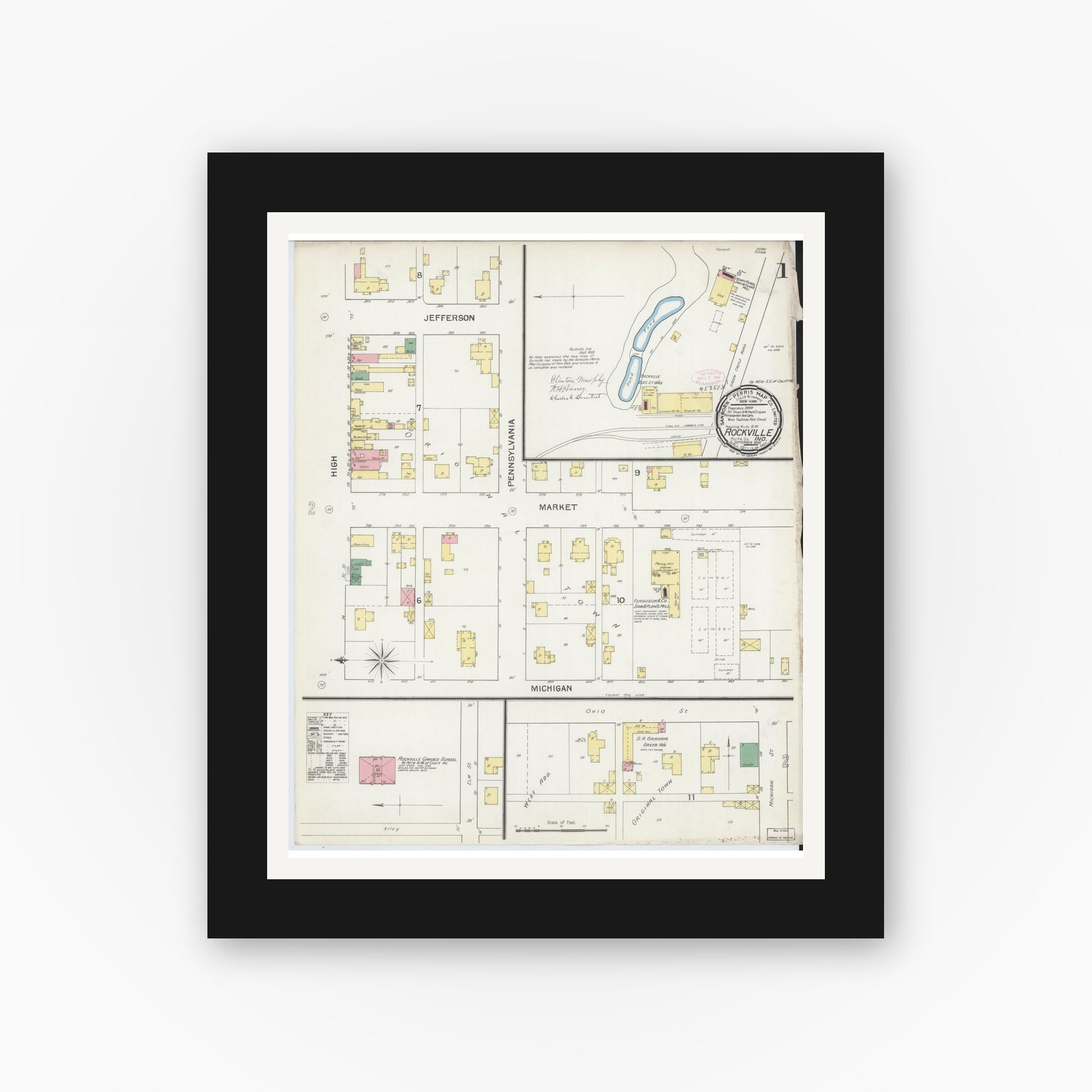 Old map wall art mockup — black gallery frame with white mat — Sanborn Fire Insurance Map from Rockville, Parke County, Indiana (1892) - Complete Map Set