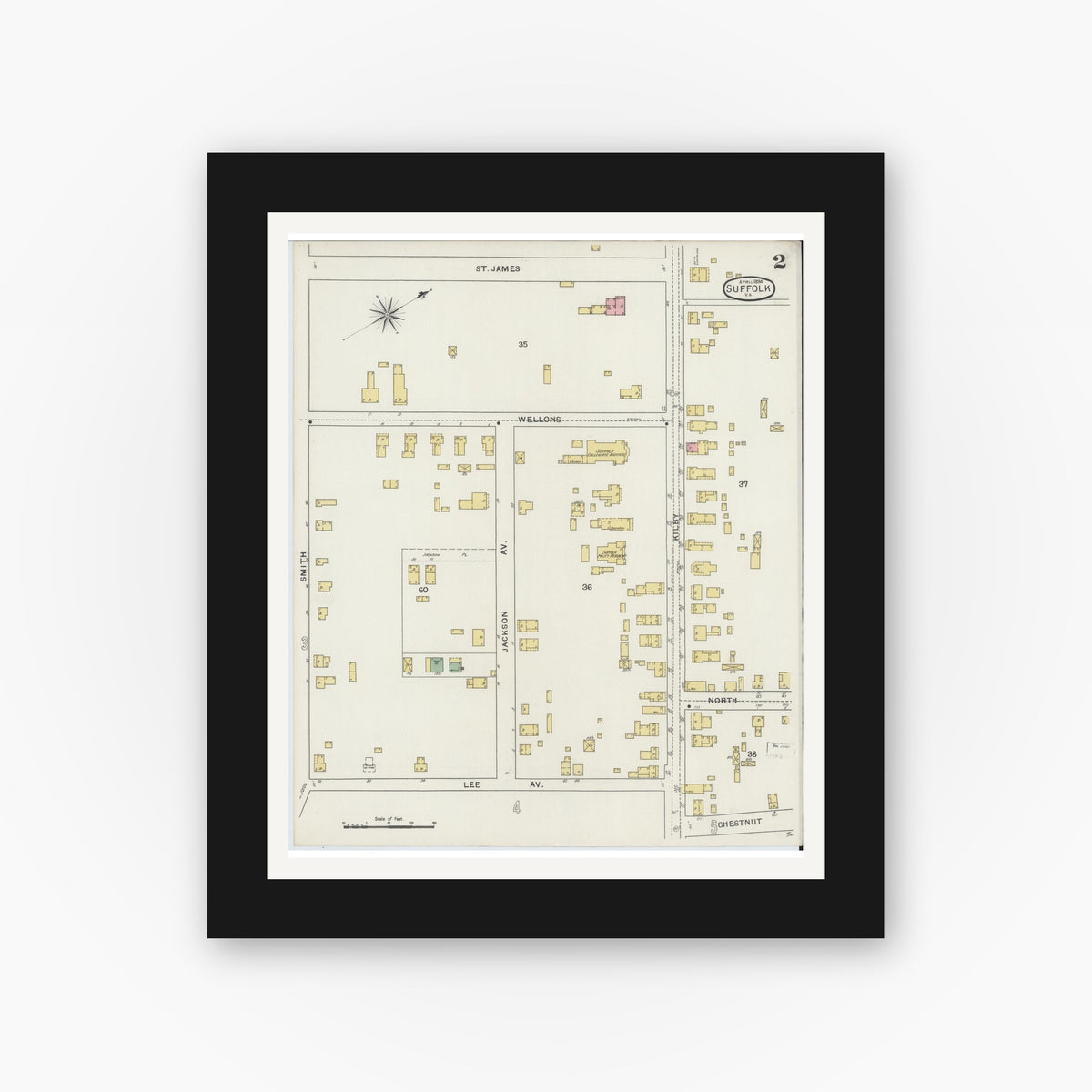 Old map wall art mockup — black gallery frame with white mat — Sanborn Fire Insurance Map from Suffolk, Independent Cities, Virginia (1894), Sheet #0002