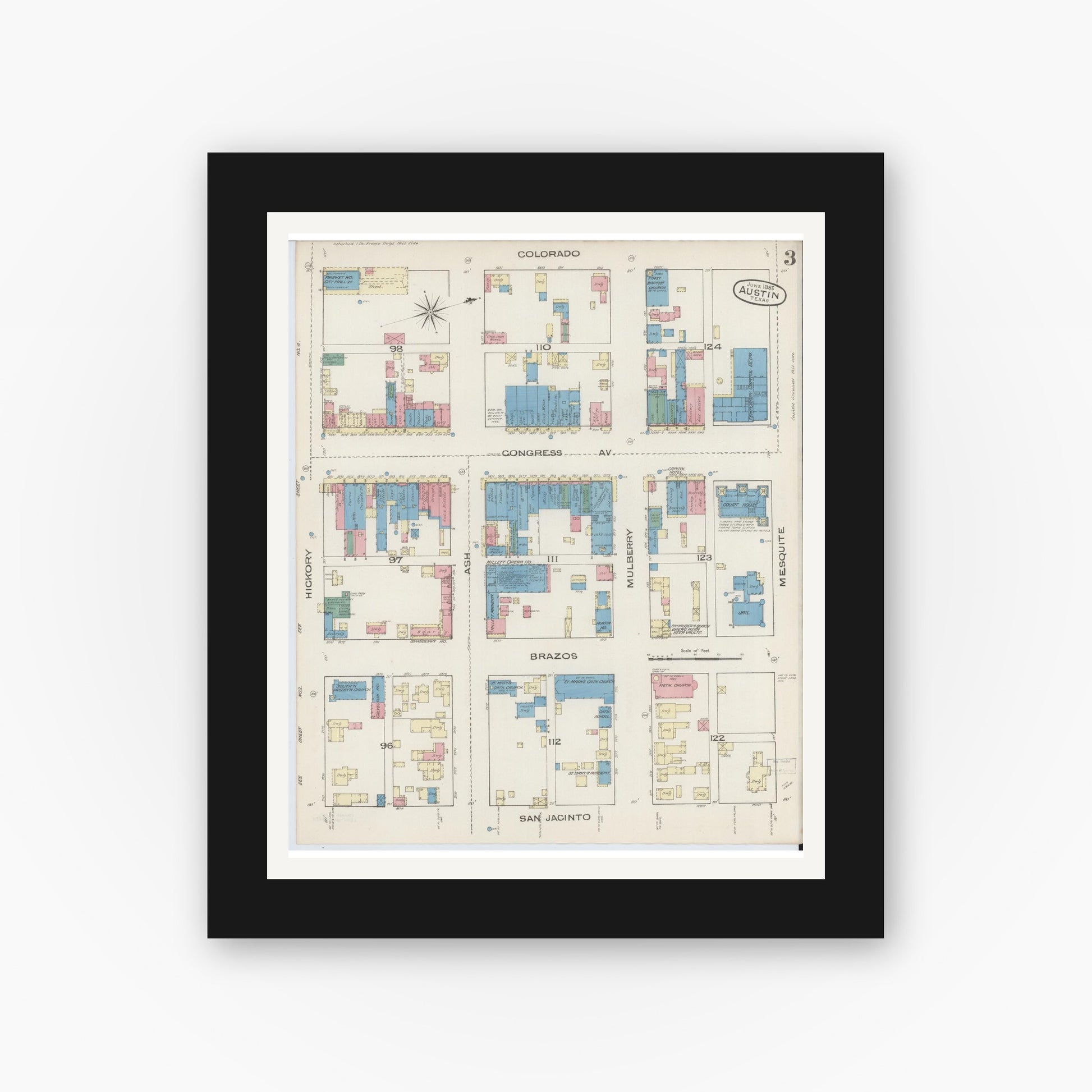 Old map wall art mockup — black gallery frame with white mat — Sanborn Fire Insurance Map from Austin, Travis County, Texas (1885), Sheet #0003