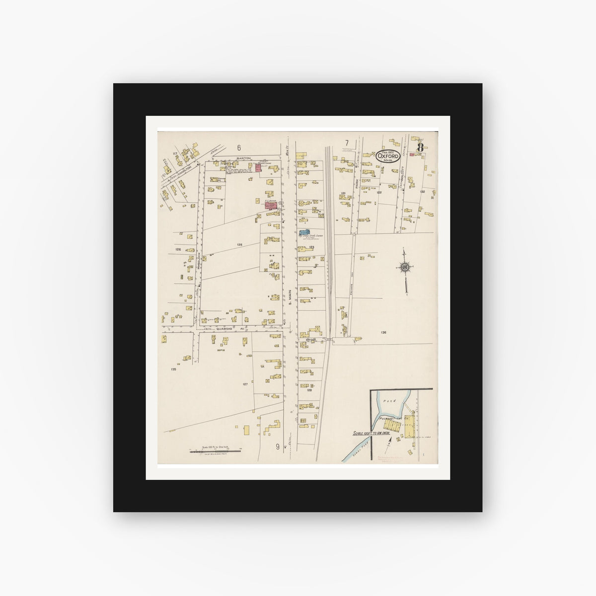 Old map wall art mockup — black gallery frame with white mat — Sanborn Fire Insurance Map from Oxford, Worcester County, Massachusetts (1922), Sheet #0008