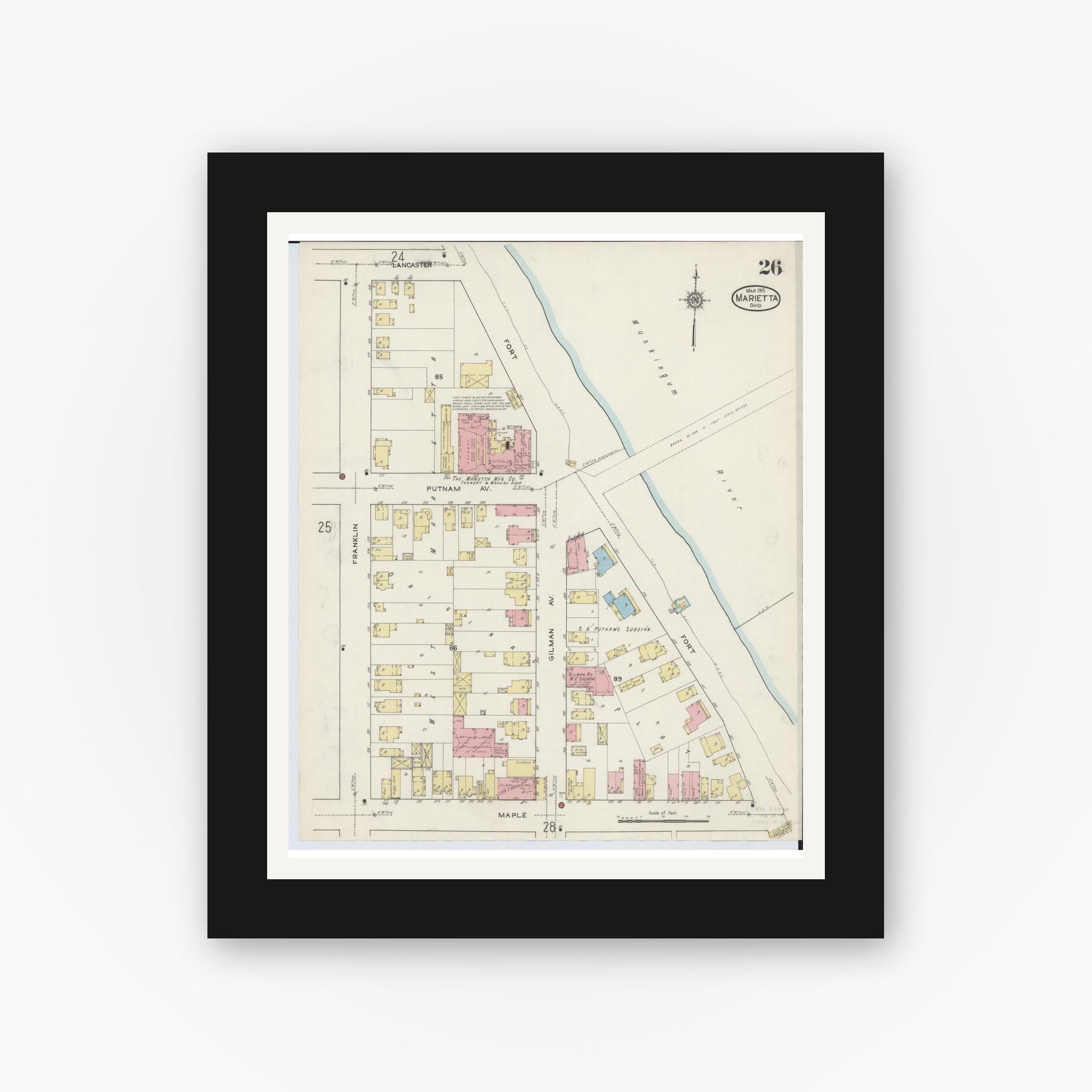 Old map wall art mockup — black gallery frame with white mat — Sanborn Fire Insurance Map from Marietta, Washington County, Ohio (1915), Sheet #0026