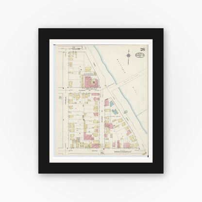 Old map wall art mockup — black gallery frame with white mat — Sanborn Fire Insurance Map from Marietta, Washington County, Ohio (1915), Sheet #0026