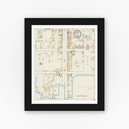 Old map wall art mockup — black gallery frame with white mat — Sanborn Fire Insurance Map from Edenton, Chowan County, North Carolina (1893) - Complete Map Set