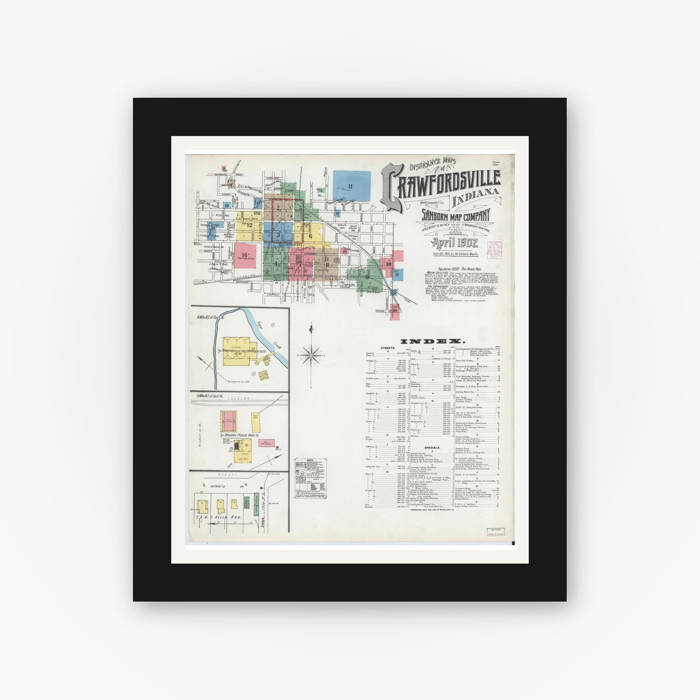 Old map wall art mockup — black gallery frame with white mat — Sanborn Fire Insurance Map from Crawfordsville, Montgomery County, Indiana (1902) - Complete Map Set