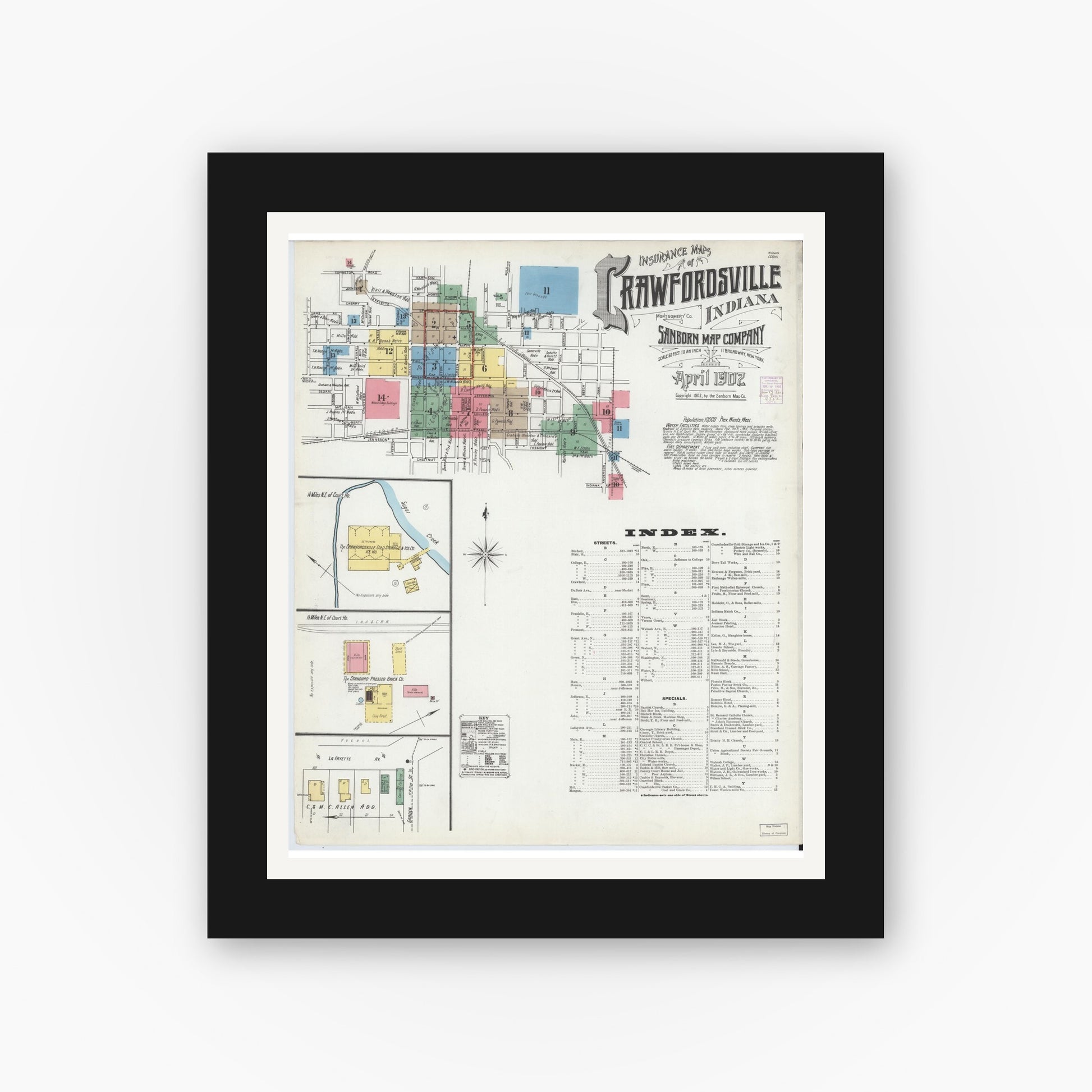 Old map wall art mockup — black gallery frame with white mat — Sanborn Fire Insurance Map from Crawfordsville, Montgomery County, Indiana (1902) - Complete Map Set