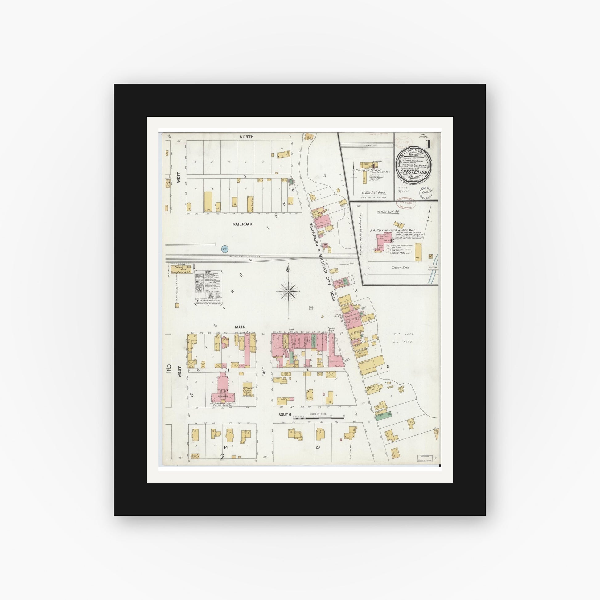 Old map wall art mockup — black gallery frame with white mat — Sanborn Fire Insurance Map from Chesterton, Porter County, Indiana (1899) - Complete Map Set