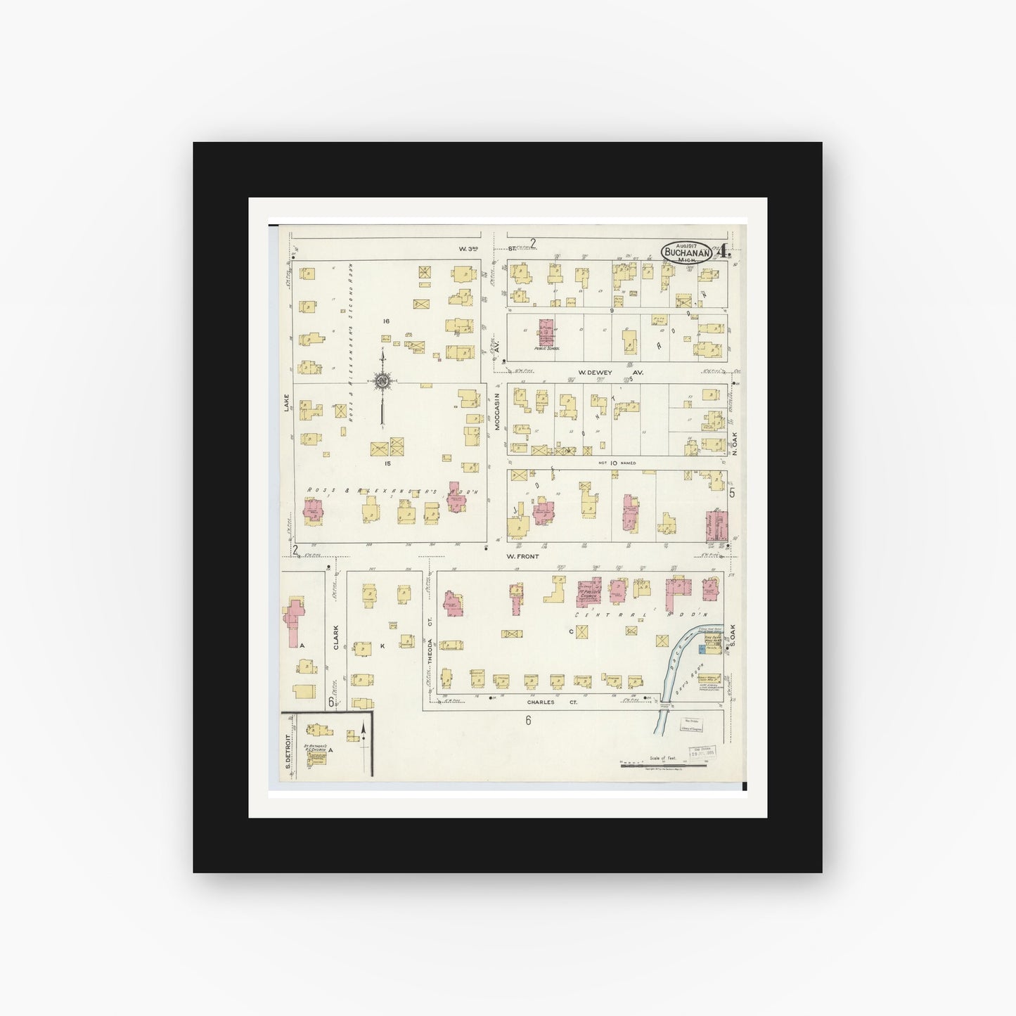 Old map wall art mockup — black gallery frame with white mat — Sanborn Fire Insurance Map from Buchanan, Berrien County, Michigan (1917), Sheet #0004