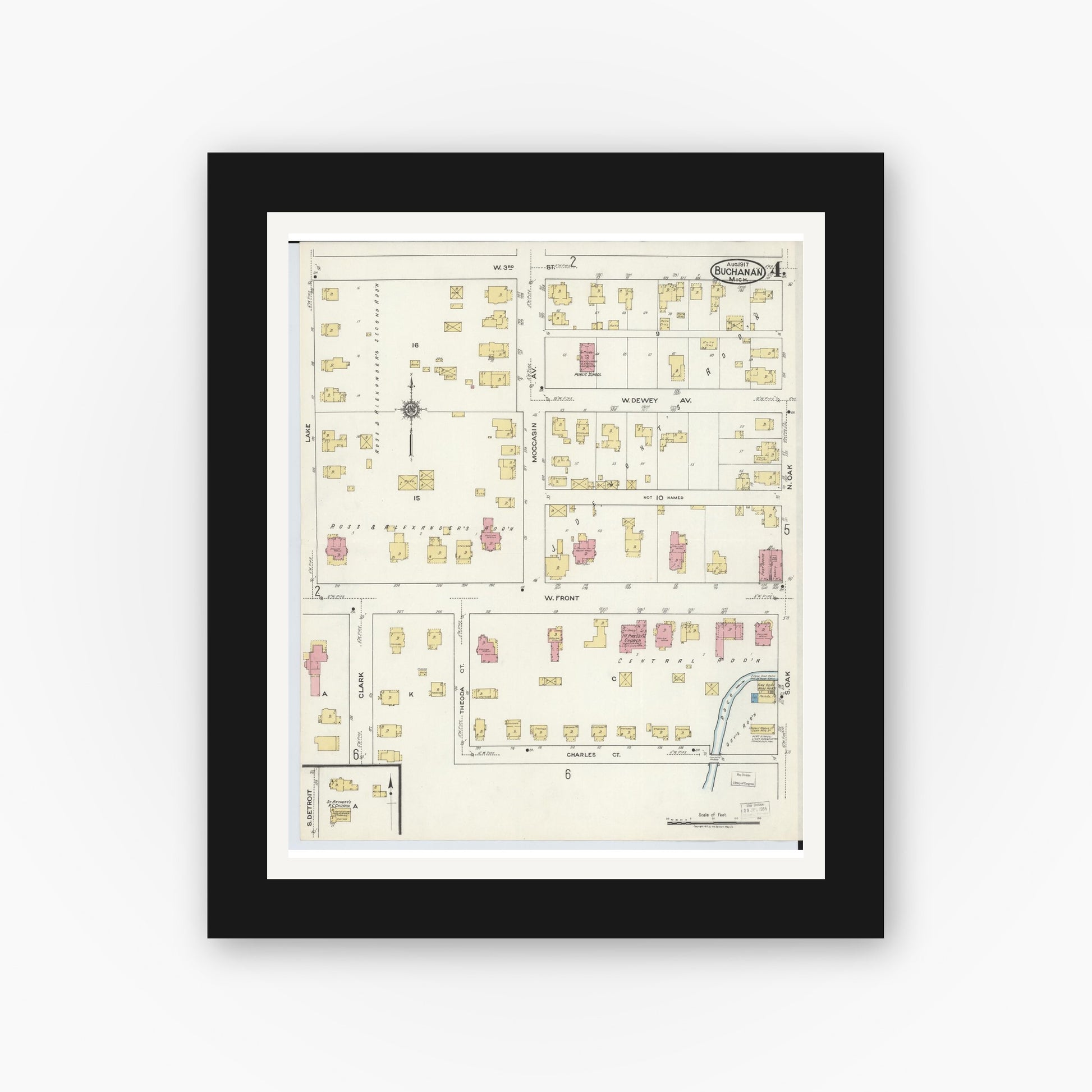 Old map wall art mockup — black gallery frame with white mat — Sanborn Fire Insurance Map from Buchanan, Berrien County, Michigan (1917), Sheet #0004