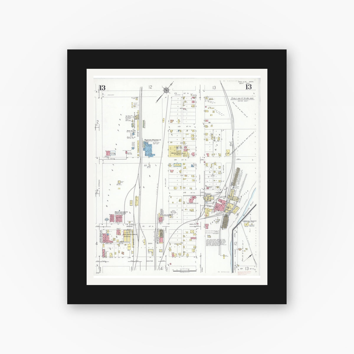 Old map wall art mockup — black gallery frame with white mat — Sanborn Fire Insurance Map from New Ulm, Brown County, Minnesota (1935), Sheet #0013