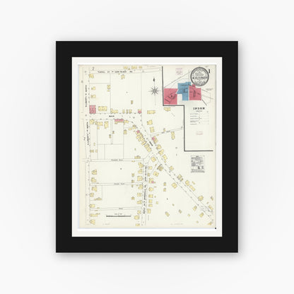 Old map wall art mockup — black gallery frame with white mat — Sanborn Fire Insurance Map from West Alexander, Washington County, Pennsylvania (1907), Sheet #0001