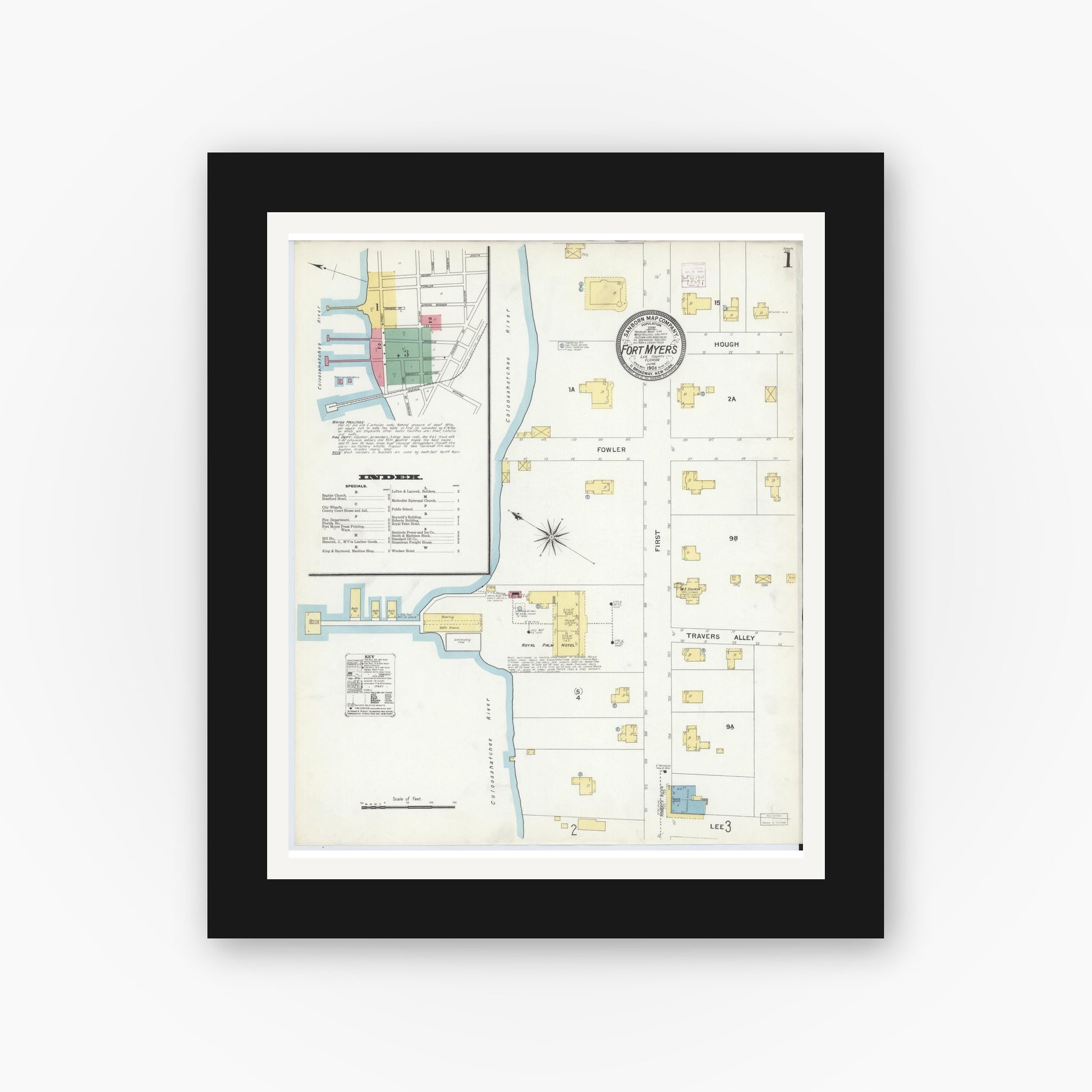 Old map wall art mockup — black gallery frame with white mat — Sanborn Fire Insurance Map from Fort Myers, Lee County, Florida (1908) - Complete Map Set