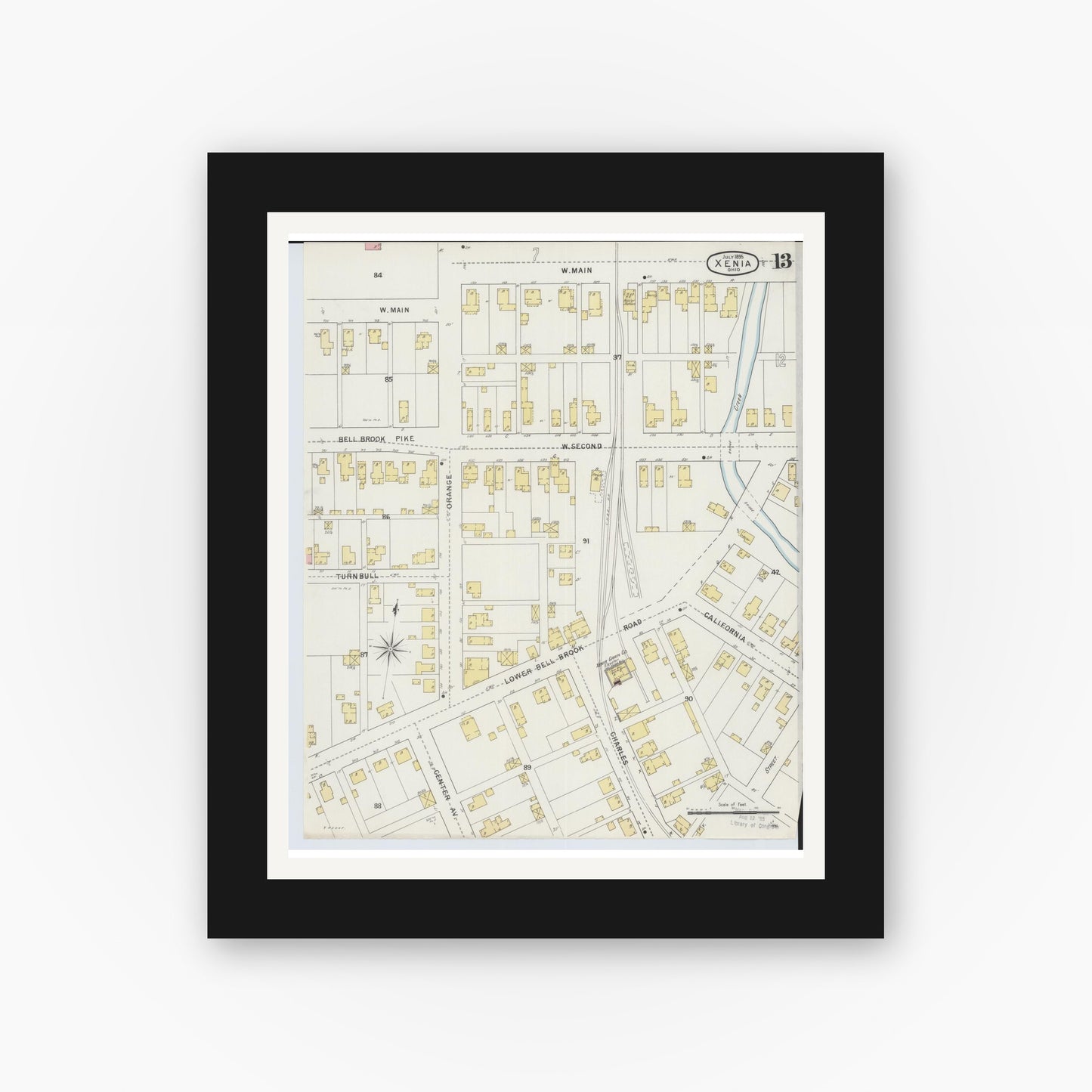 Old map wall art mockup — black gallery frame with white mat — Sanborn Fire Insurance Map from Xenia, Greene County, Ohio (1895), Sheet #0013