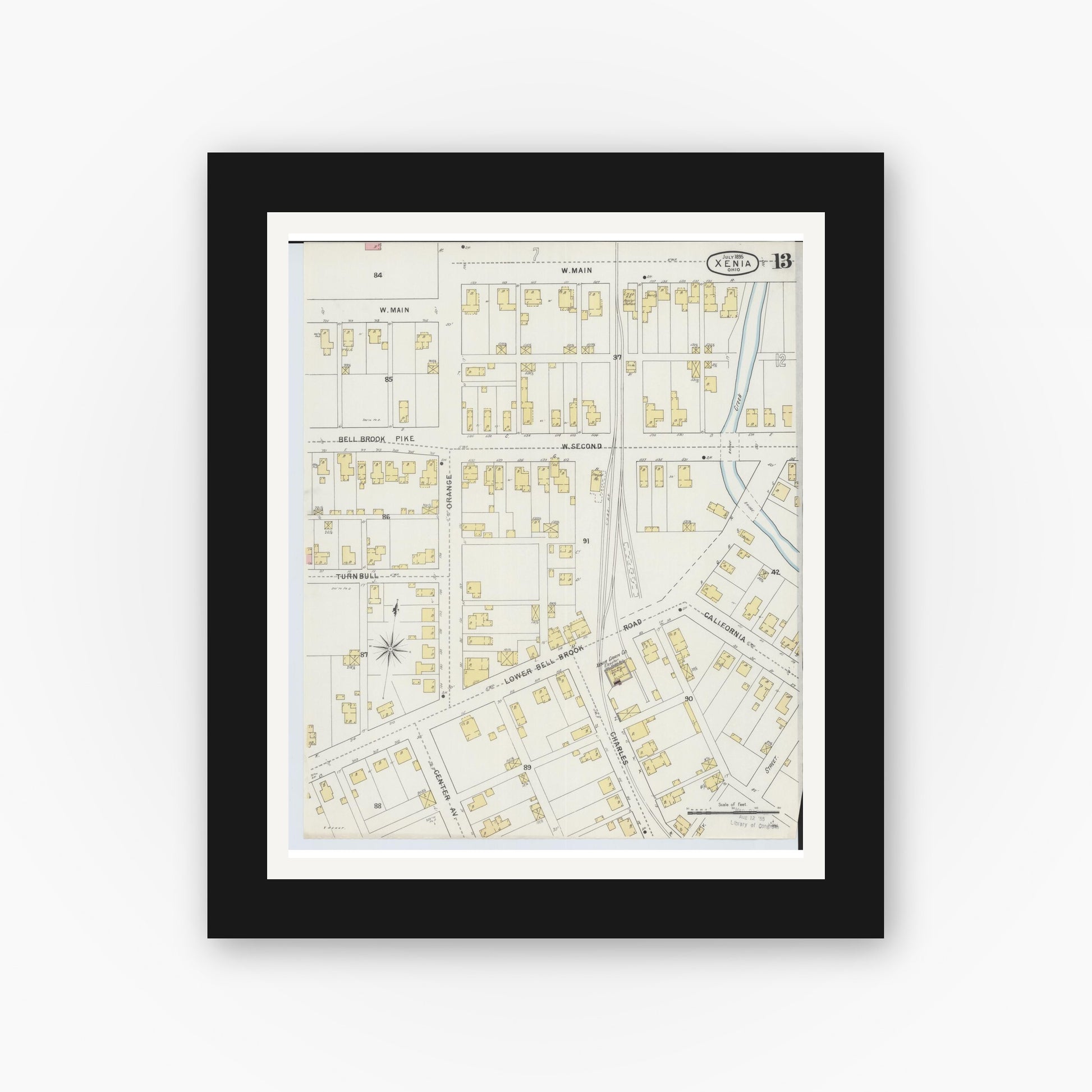 Old map wall art mockup — black gallery frame with white mat — Sanborn Fire Insurance Map from Xenia, Greene County, Ohio (1895), Sheet #0013