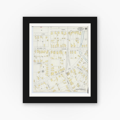 Old map wall art mockup — black gallery frame with white mat — Sanborn Fire Insurance Map from Xenia, Greene County, Ohio (1895), Sheet #0013