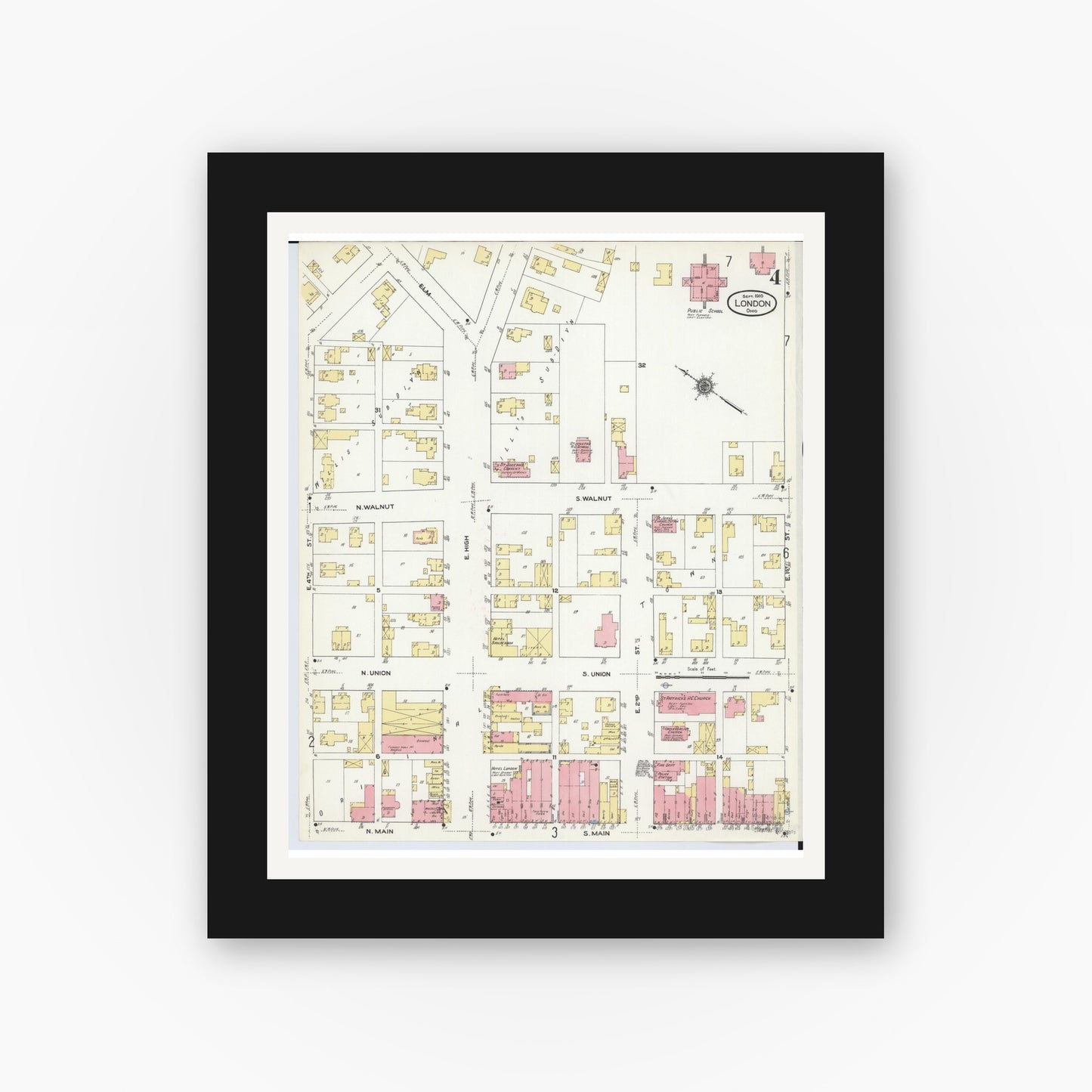 Old map wall art mockup — black gallery frame with white mat — Sanborn Fire Insurance Map from London, Madison County, Ohio (1910), Sheet #0004