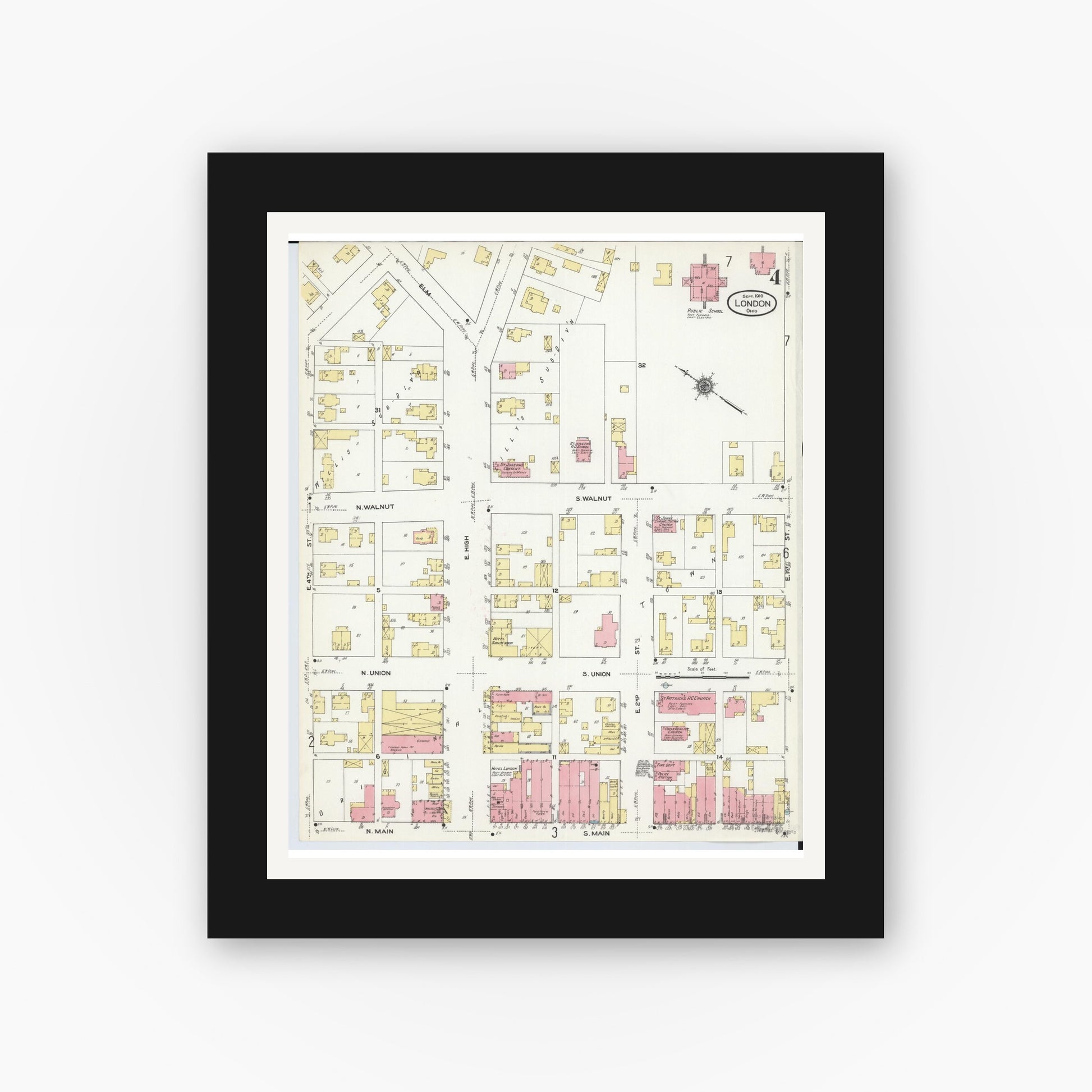 Old map wall art mockup — black gallery frame with white mat — Sanborn Fire Insurance Map from London, Madison County, Ohio (1910), Sheet #0004