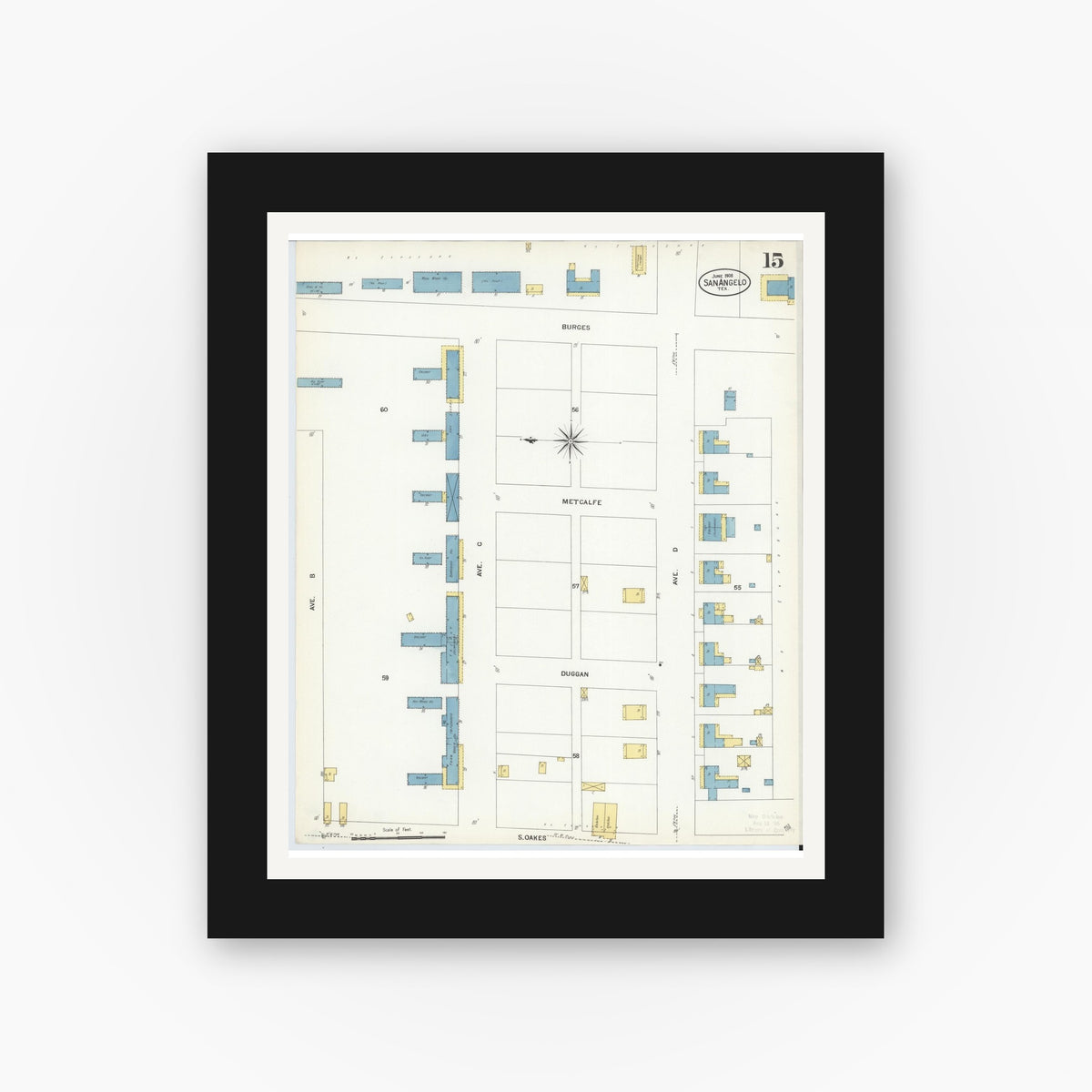 Old map wall art mockup — black gallery frame with white mat — Sanborn Fire Insurance Map from San Angelo, Tom Green County, Texas (1908), Sheet #0015