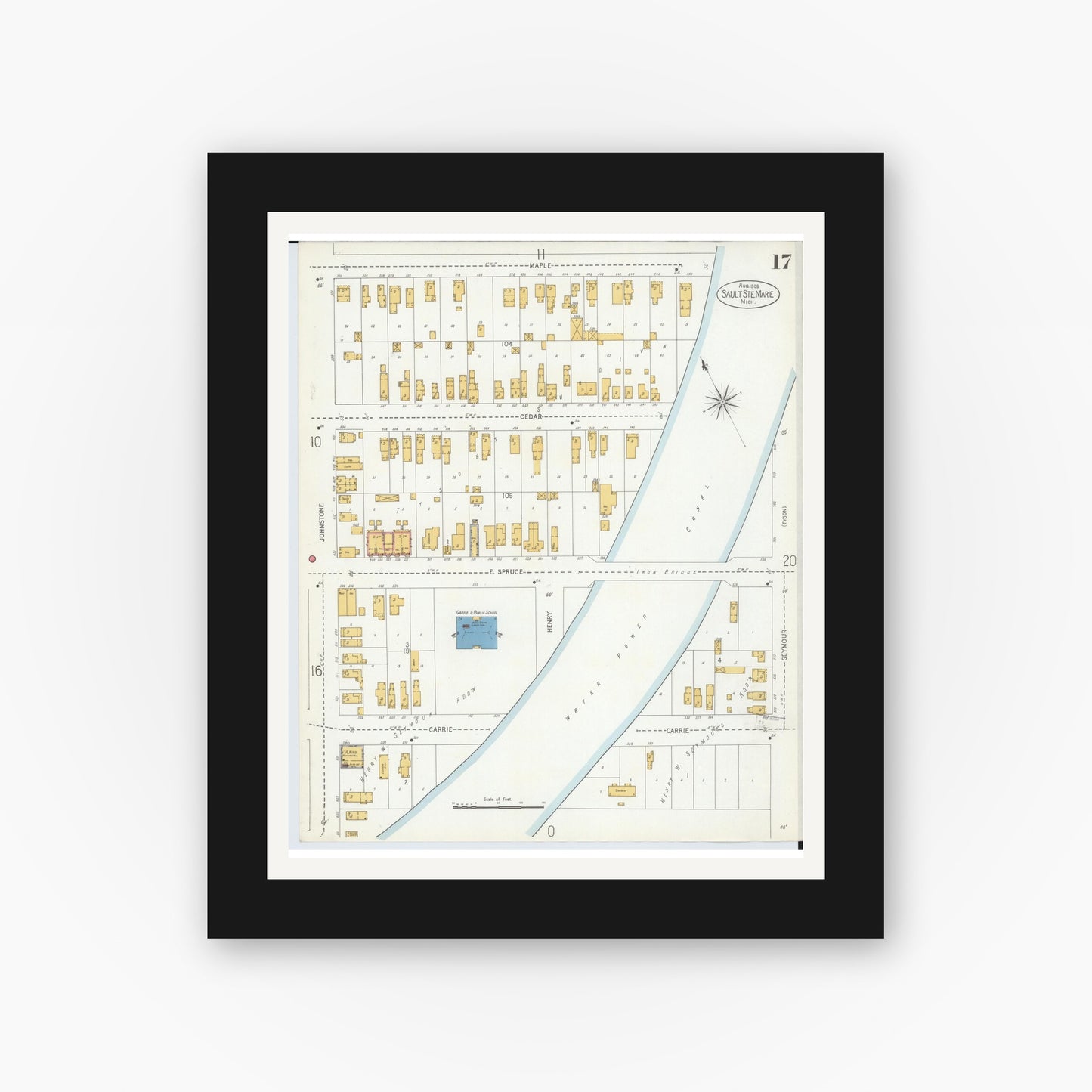 Old map wall art mockup — black gallery frame with white mat — Sanborn Fire Insurance Map from Sault Sainte Marie, Chippewa County, Michigan (1906), Sheet #0017