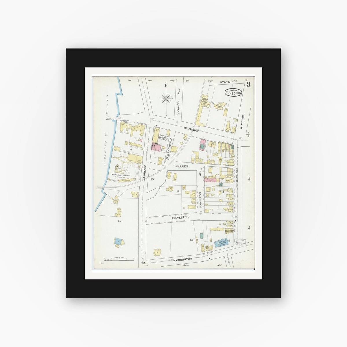 Old map wall art mockup — black gallery frame with white mat — Sanborn Fire Insurance Map from Flushing, Queens County, New York (1892), Sheet #0003